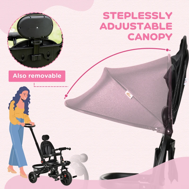 Qaba Kids Tricycle, 4 in 1 Foldable Trike with Reversible Seat, Adjustable Parent Handle, Safety Harness, Wheel Brakes, Removable Canopy, Storage, Tricycle for Toddlers 1-5 Years, Black