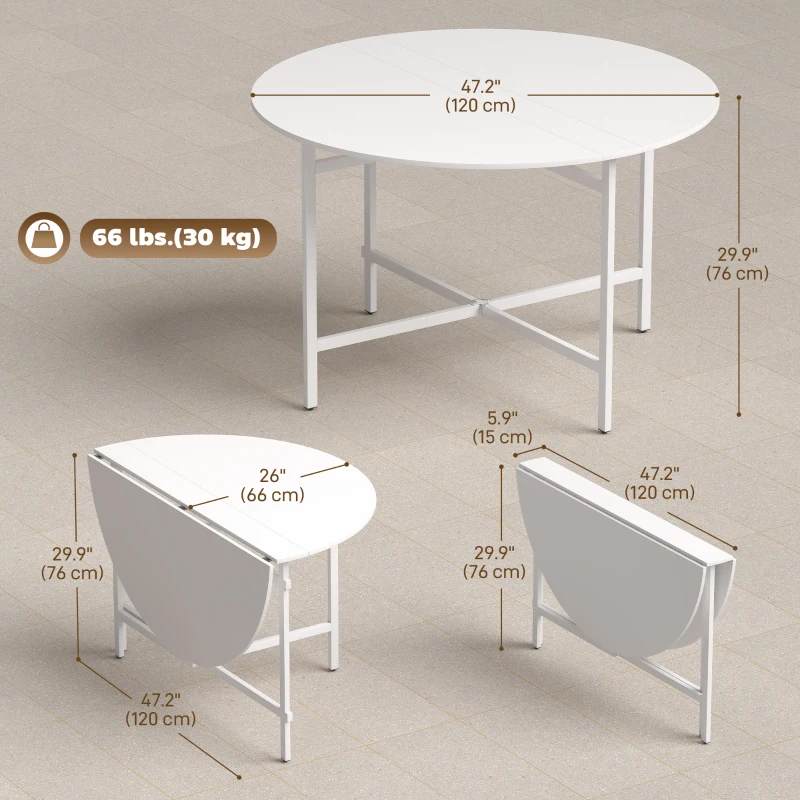 HOMCOM Folding Dining Table for 3-6 People, 47" Round Drop Leaf Kitchen Table with Steel Frame, White