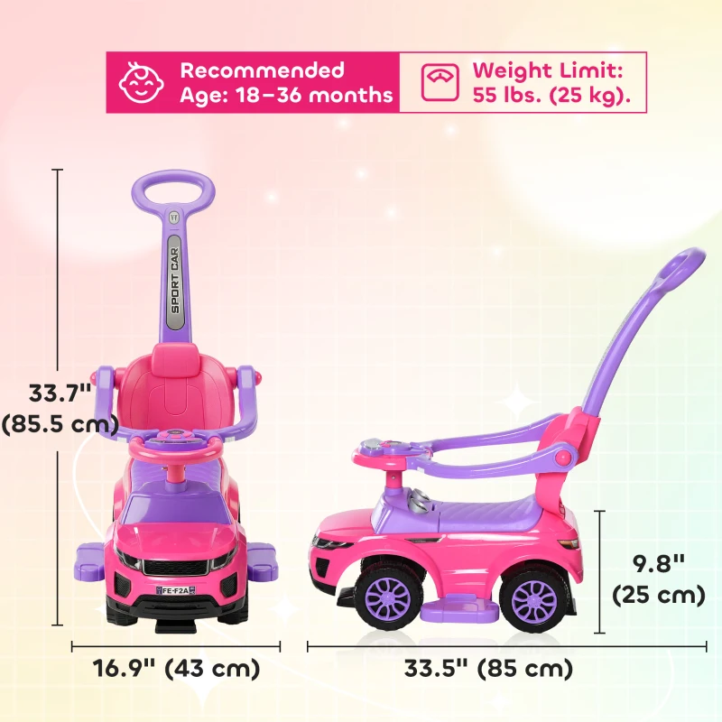 Aosom 3 in 1 Kid Ride on Push Car, Toddlers Sliding Walking Car, with Horn, Music, Light, Parent Control Handle, Secure Bar, Under Seat Storage, for Boy Girl 18-36 Months, Pink