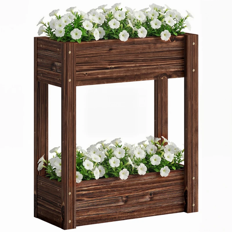 Outsunny 2-Tier Wooden Raised Garden Bed with Legs, 23.6" x 9.8" x 27.6" Elevated Planter Box with Drainage Holes and Bed Liner