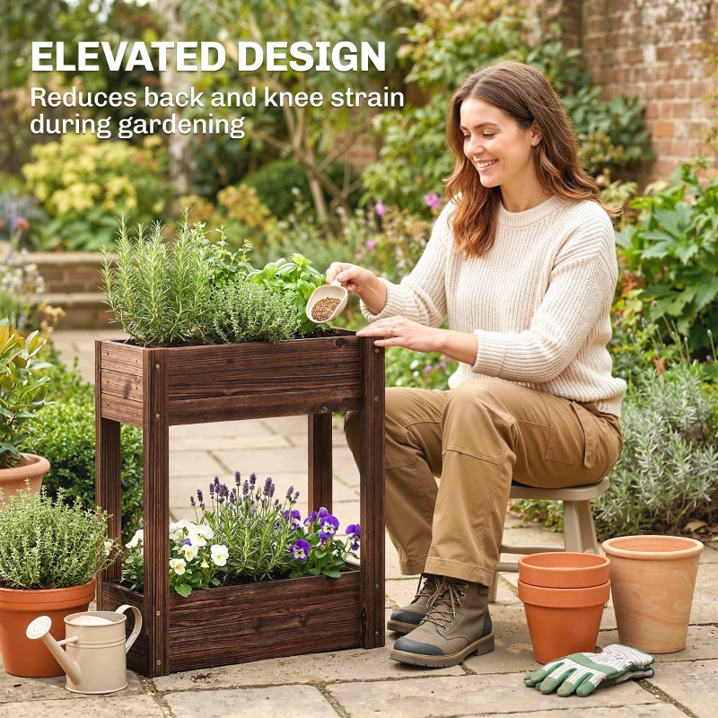 Outsunny 2-Tier Wooden Raised Garden Bed with Legs, 23.6" x 9.8" x 27.6" Elevated Planter Box with Drainage Holes and Bed Liner