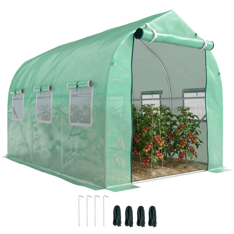 Outsunny 9.7' x 6.4' x 6.4' Steeple Walk-in Tunnel Greenhouse Garden Plant Seed Grow Tent Polythene with Windows and Door Green