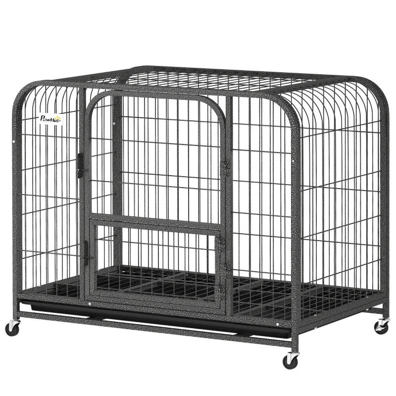 PawHut 37 Inch Heavy Duty Dog Crate, Large Metal Dog Cage with Lockable Wheels and Removable Tray