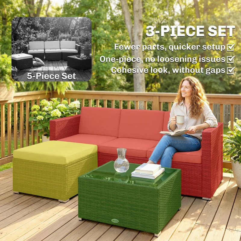 Outsunny 3 Pieces Patio Furniture Set with Cushions, Outdoor PE Rattan Wicker Conversation Corner Sofa Set, Khaki
