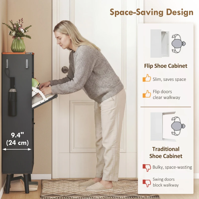 HOMCOM Shoe Storage Cabinet with 2 Flip Drawers, Farmhouse Narrow Shoe Cabinet, Holds Up to 16 Pairs, Black