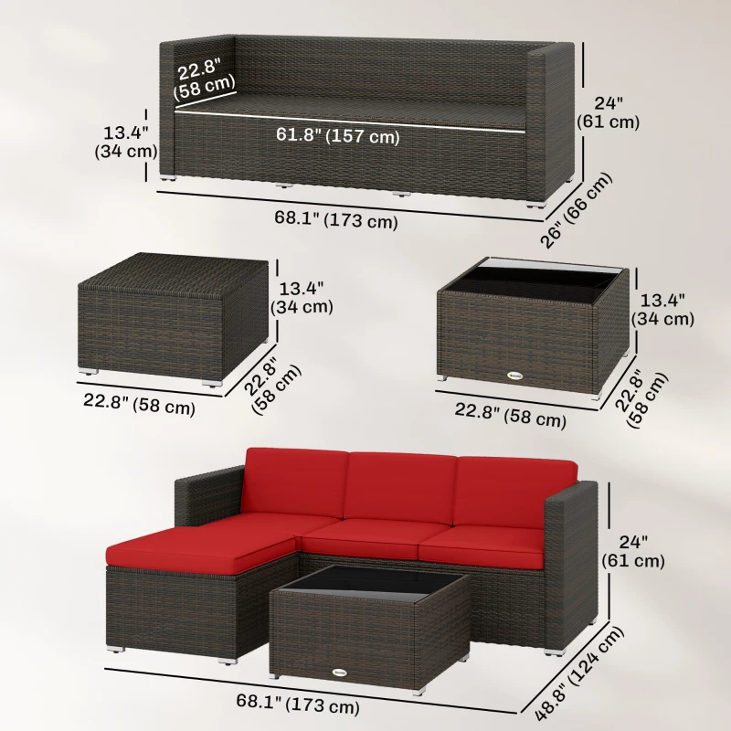 Outsunny 3 Pieces Patio Furniture Set with Cushions, Outdoor PE Rattan Wicker Conversation Corner Sofa Set with Glass Top Table
