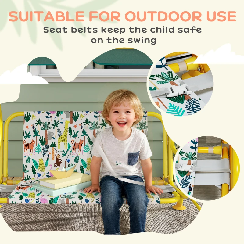 Qaba Kids Porch Swing, 2-Seater Patio Swing Bench with Safety Belts, Adjustable Canopy for Backyard, Garden, Green