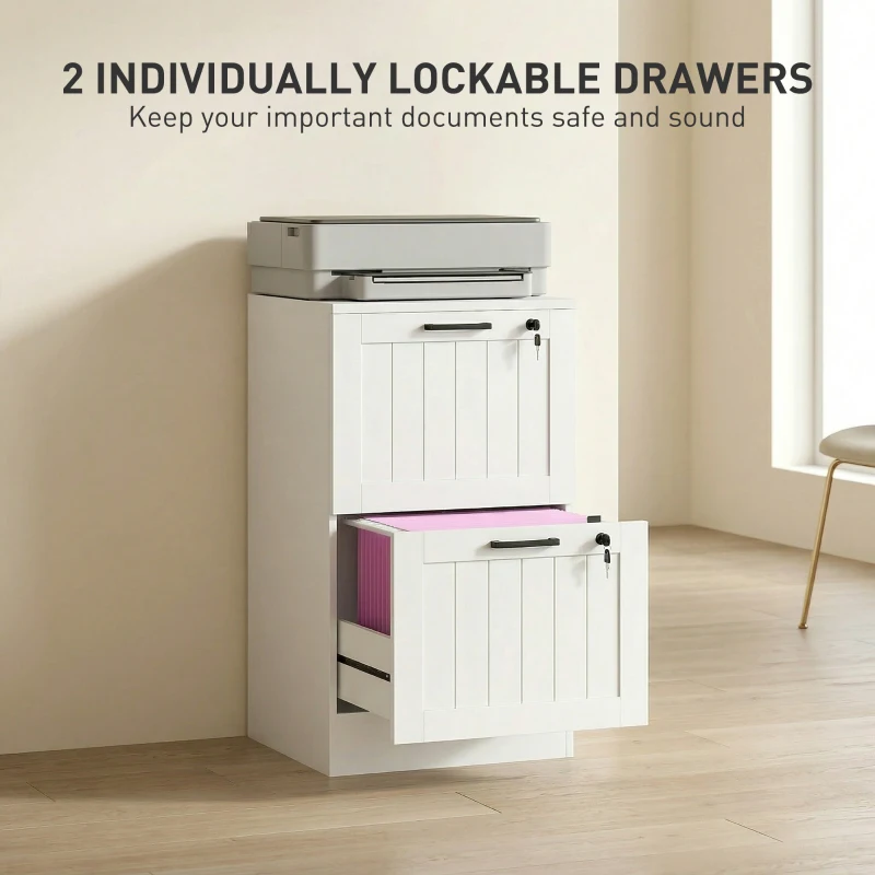HOMCOM 2 Drawer Filing Cabinet with Lock, Office Storage Cabinet with Adjustable Hanging Bars for A4 Letter Size Files, White