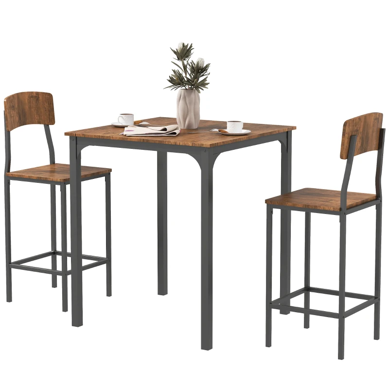 HOMCOM 3 Piece Pub Table and Chairs, Small Kitchen Table and Chairs, Square Dining Table with 2 Stools, Walnut and Black