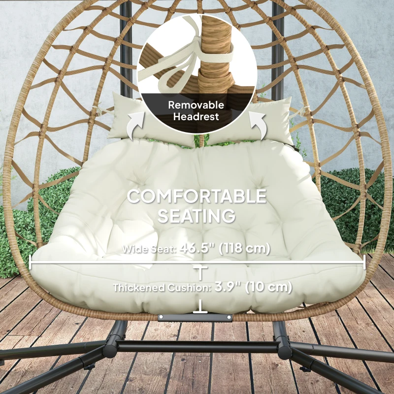 Outsunny Double Wicker Egg Swing Chair with Canopy, Foldable Hanging Egg Chair with Stand Cushion Headrest, Beige