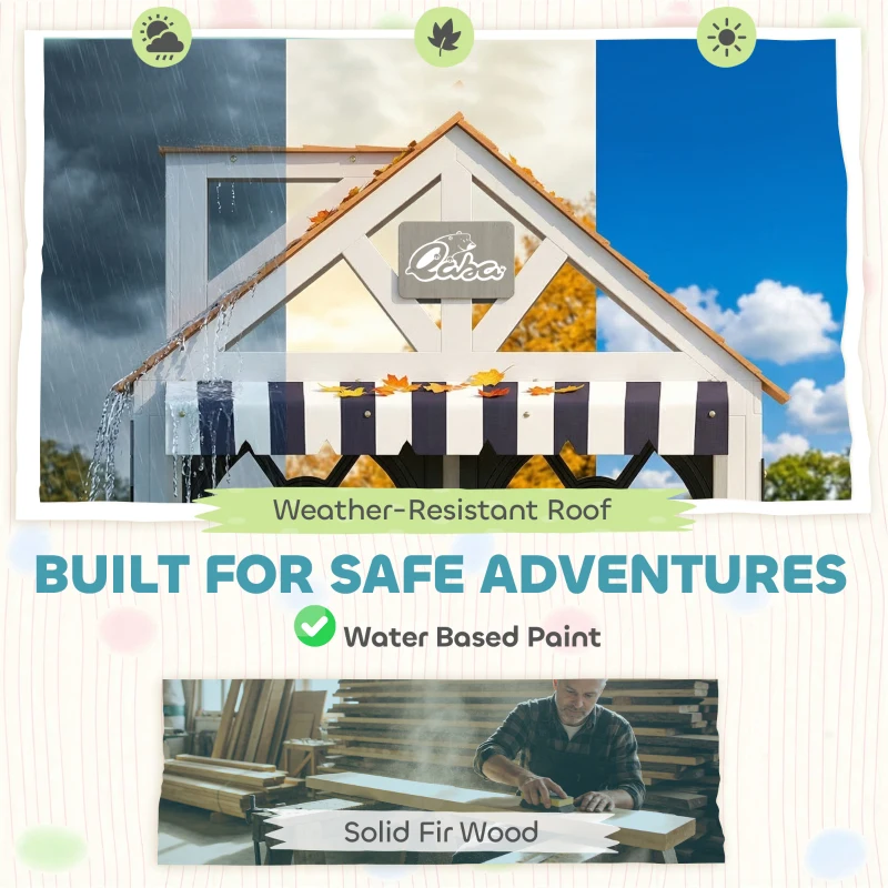Qaba Outdoor Playhouse, Wooden Kids Playhouse with Dog Door, Cookware, Blackboard, Bench, Doorbell for Ages 2+