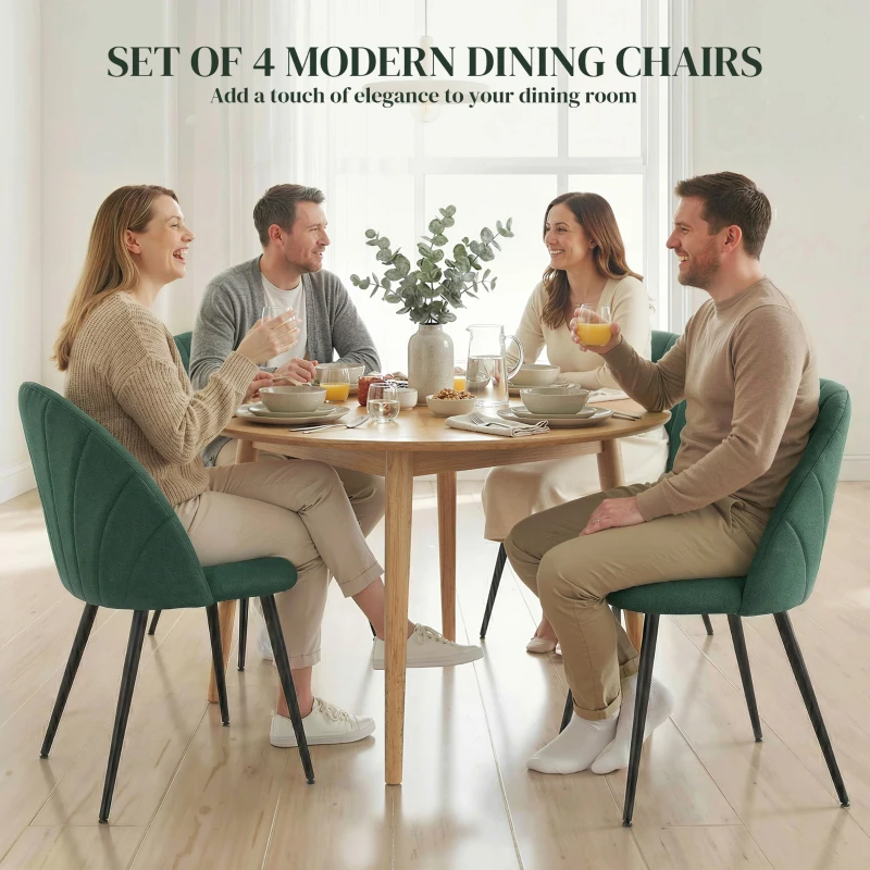 HOMCOM Modern Dining Chairs Set of 4, Upholstered Dining Room Chairs with Metal Legs, Shell Backrest, Padded Seat, Green