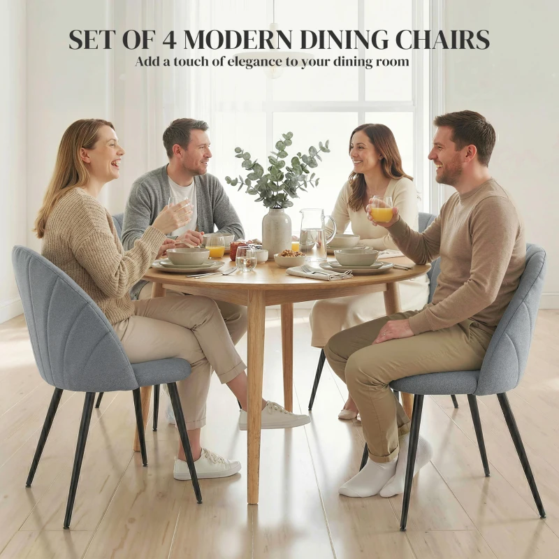 HOMCOM Modern Dining Chairs Set of 4, Upholstered Dining Room Chairs with Metal Legs, Shell Backrest, Padded Seat, Grey