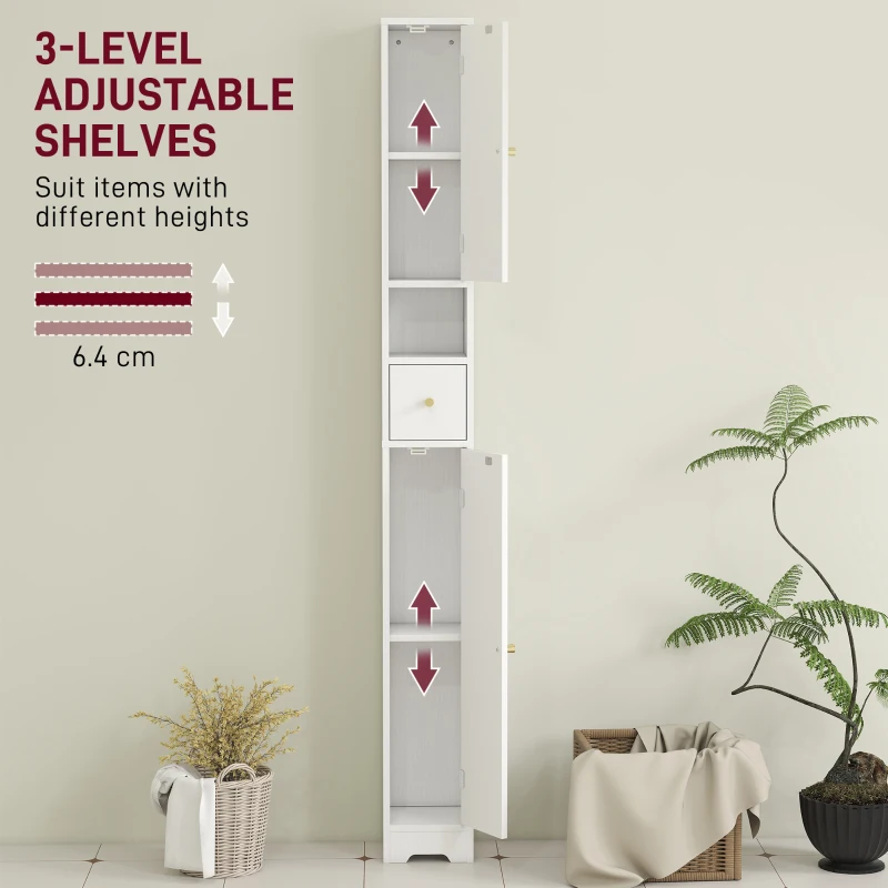 HOMCOM Tall Bathroom Cabinet, Modern Slim Bathroom Storage with Arched Doors, Drawer and Open Shelf, Narrow Storage, White