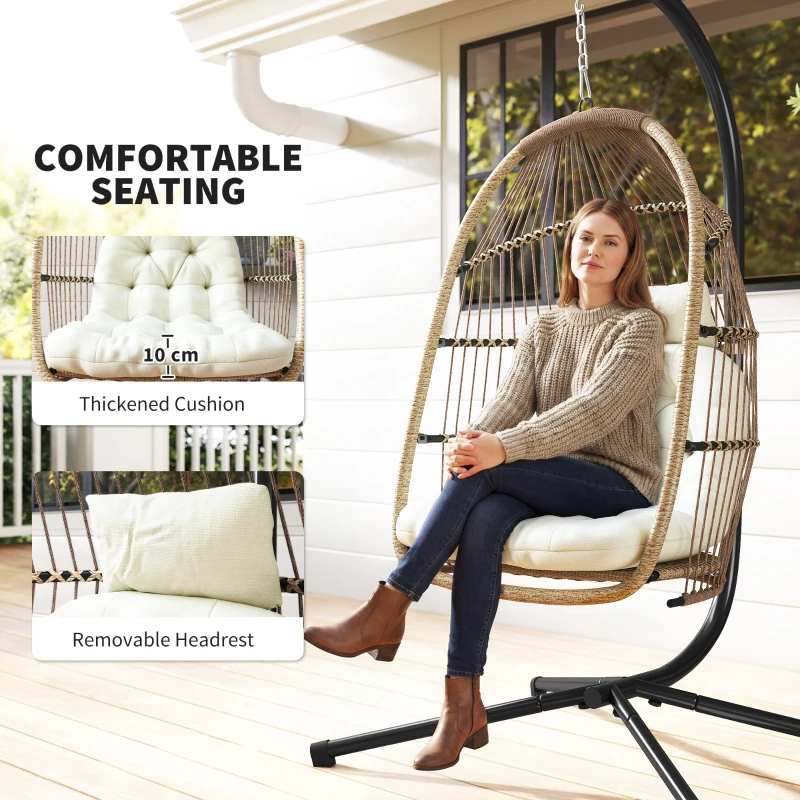 Outsunny Wicker Egg Swing Chair with Stand, Foldable Hanging Egg Chair with UV Resistant Cushion, Headrest, Beige
