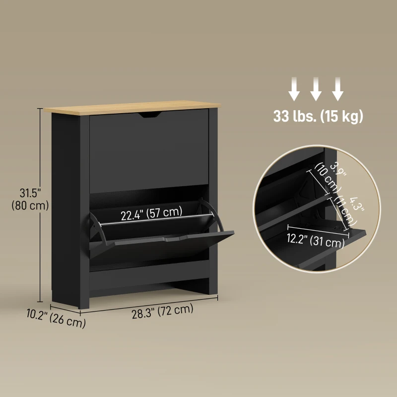 HOMCOM Shoe Storage Cabinet with 2 Flip Drawers and Adjustable Shelves for 8–12 Pairs of Shoes, Black