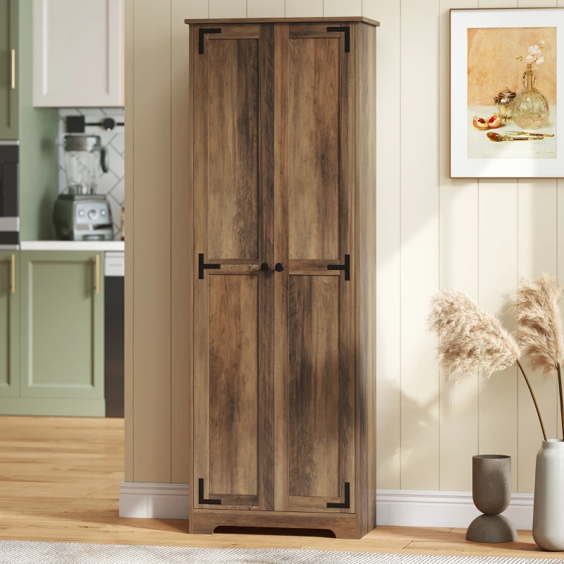 HOMCOM 67" Farmhouse Pantry Cabinet with 2 Doors, Tall Storage Cabinet with Adjustable Shelves, Brown Wood Grain
