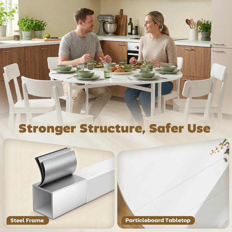 HOMCOM Folding Dining Table for 3-6 People, 47" Round Drop Leaf Kitchen Table with Steel Frame, White