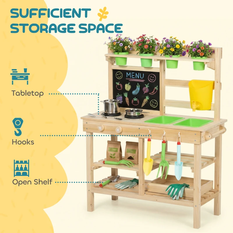 Qaba Kids Mud Kitchen, Outdoor Wooden Play Kitchen with Kitchenware & Garden Tools, Pretend Play Outdoor Toys, Natural