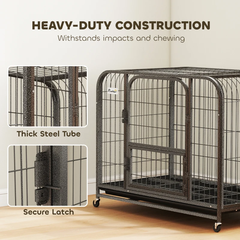 PawHut 37 Inch Heavy Duty Dog Crate, Large Metal Dog Cage with Lockable Wheels and Removable Tray