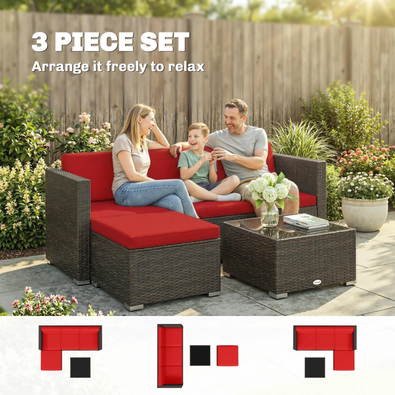 Outsunny 3 Pieces Patio Furniture Set with Cushions, Outdoor PE Rattan Wicker Conversation Corner Sofa Set with Glass Top Table
