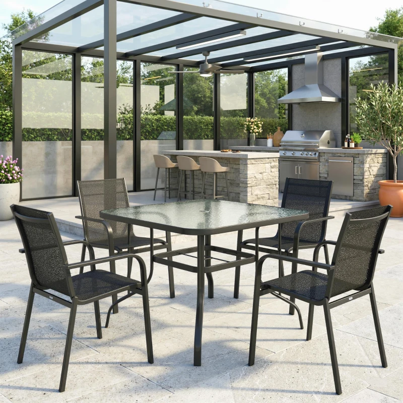 Outsunny Tempered Glass Square Patio Dining Table w/ 2.1" Umbrella Hole for Garden, Balcony, Backyard, 38" x 38" x 28"