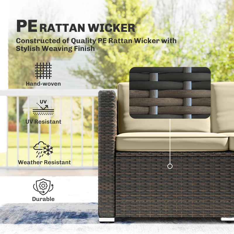 Outsunny 3 Pieces Patio Furniture Set with Cushions, Outdoor PE Rattan Wicker Conversation Corner Sofa Set, Khaki
