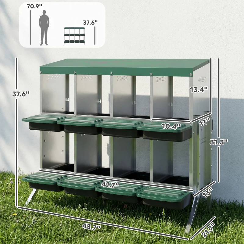 PawHut Chicken Nesting Boxes, 8 Compartment Metal Nesting Boxes for Chickens, Two-Tier Egg Laying Boxes with Vented Holes