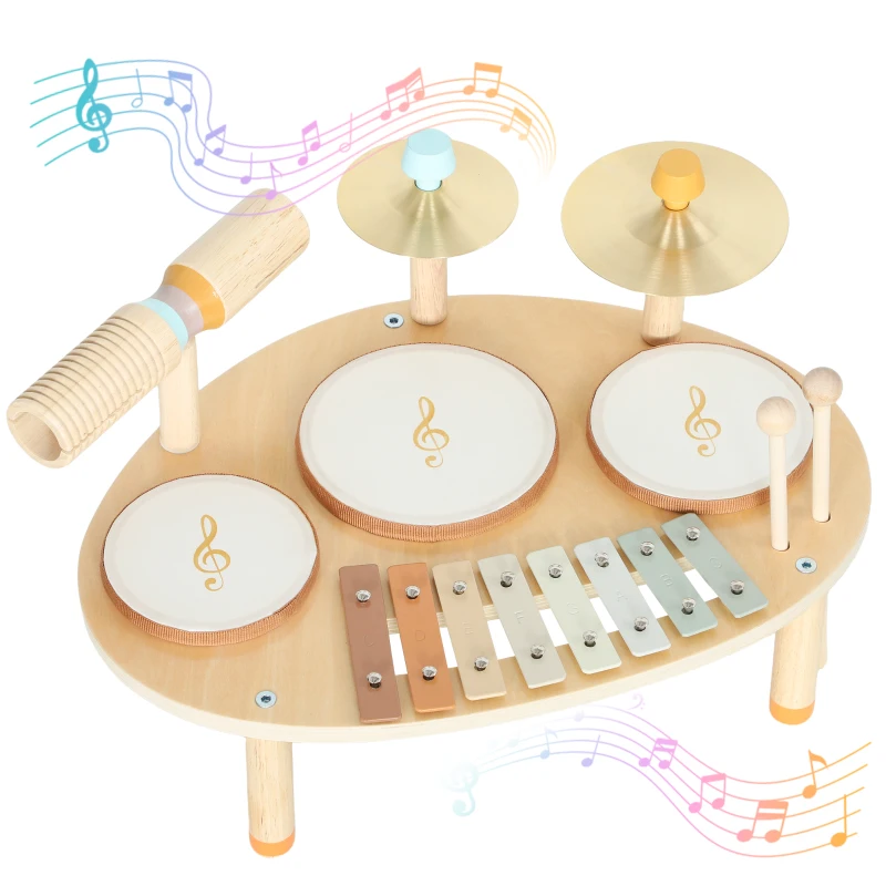 Qaba Toddler Drum Set, 4-in-1 Musical Instruments for Kids 2+, Gifts for Girls Boys Birthday, Natural Wood