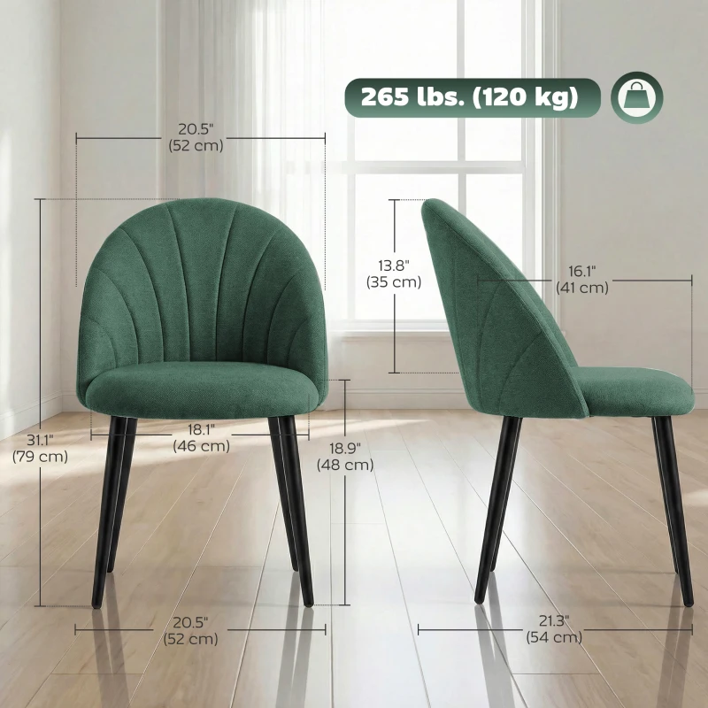 HOMCOM Modern Dining Chairs Set of 4, Upholstered Dining Room Chairs with Metal Legs, Shell Backrest, Padded Seat, Green