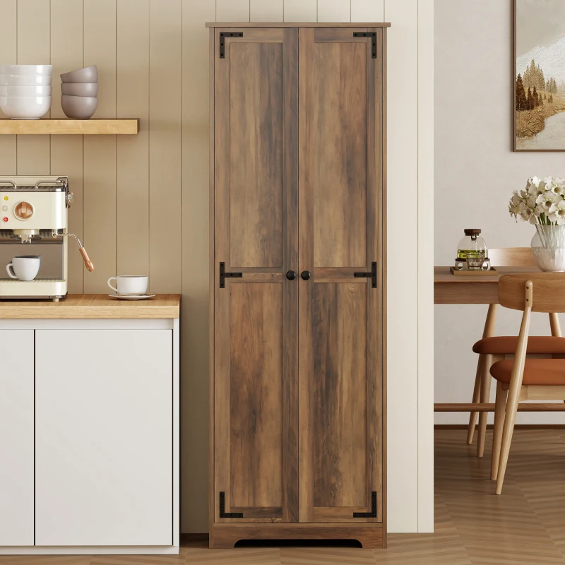 HOMCOM 67" Farmhouse Pantry Cabinet with 2 Doors, Tall Storage Cabinet with Adjustable Shelves, Brown Wood Grain