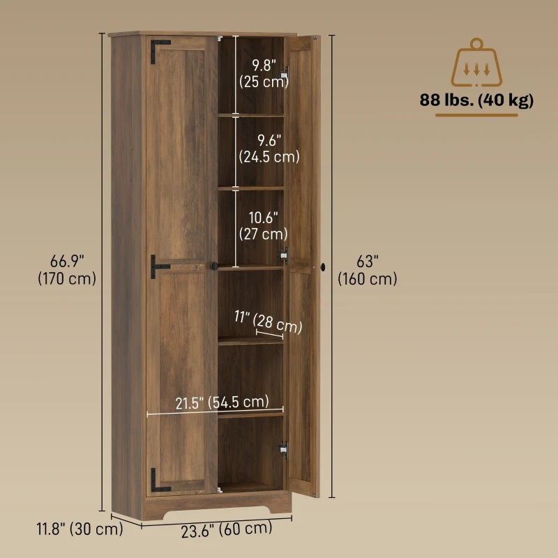 HOMCOM 67" Farmhouse Pantry Cabinet with 2 Doors, Tall Storage Cabinet with Adjustable Shelves, Brown Wood Grain