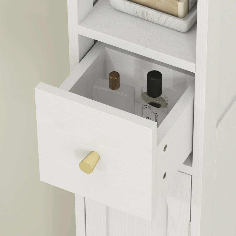 HOMCOM Tall Bathroom Cabinet, Modern Slim Bathroom Storage with Arched Doors, Drawer and Open Shelf, Narrow Storage, White