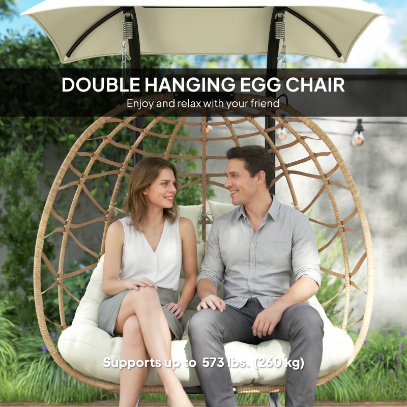 Outsunny Double Wicker Egg Swing Chair with Canopy, Foldable Hanging Egg Chair with Stand Cushion Headrest, Beige