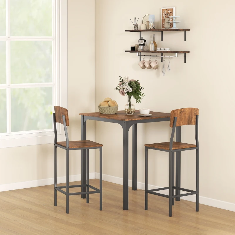 HOMCOM 3 Piece Pub Table and Chairs, Small Kitchen Table and Chairs, Square Dining Table with 2 Stools, Walnut and Black