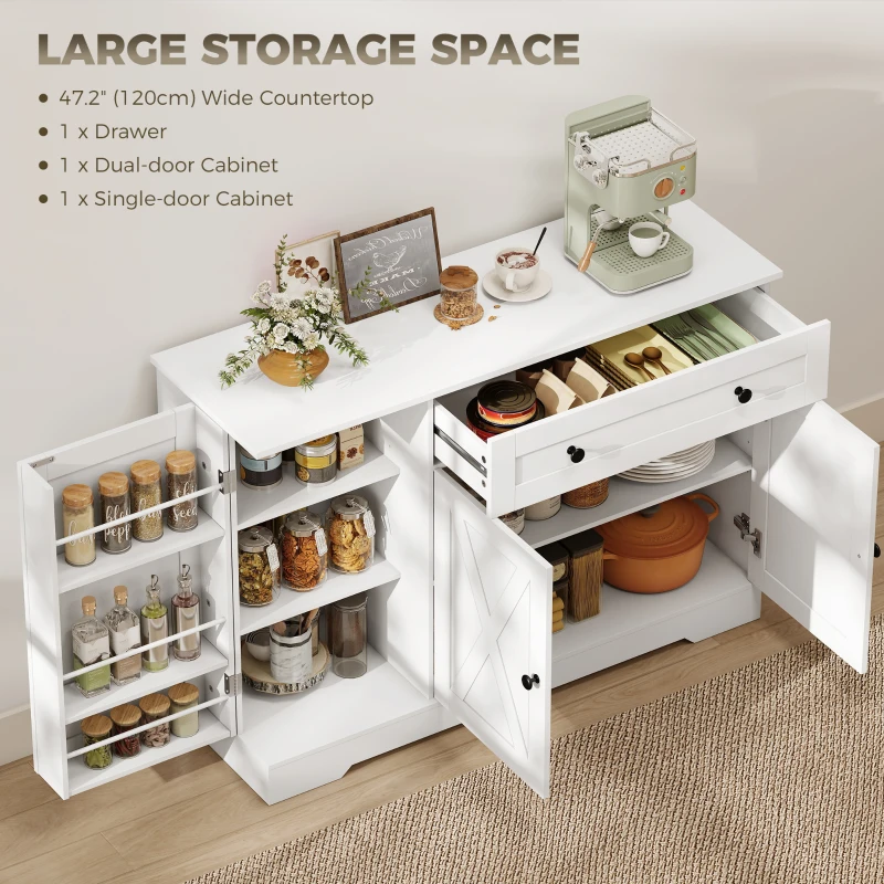 HOMCOM Sideboard Buffet Cabinet, Farmhouse Coffee Bar Cabinet with Door Shelves, Adjustable Shelves, Drawer, Barn Doors, White