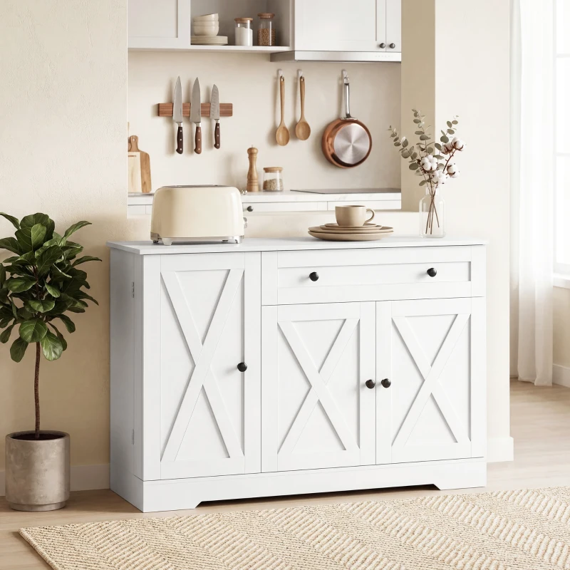 HOMCOM Sideboard Buffet Cabinet, Farmhouse Coffee Bar Cabinet with Door Shelves, Adjustable Shelves, Drawer, Barn Doors, White