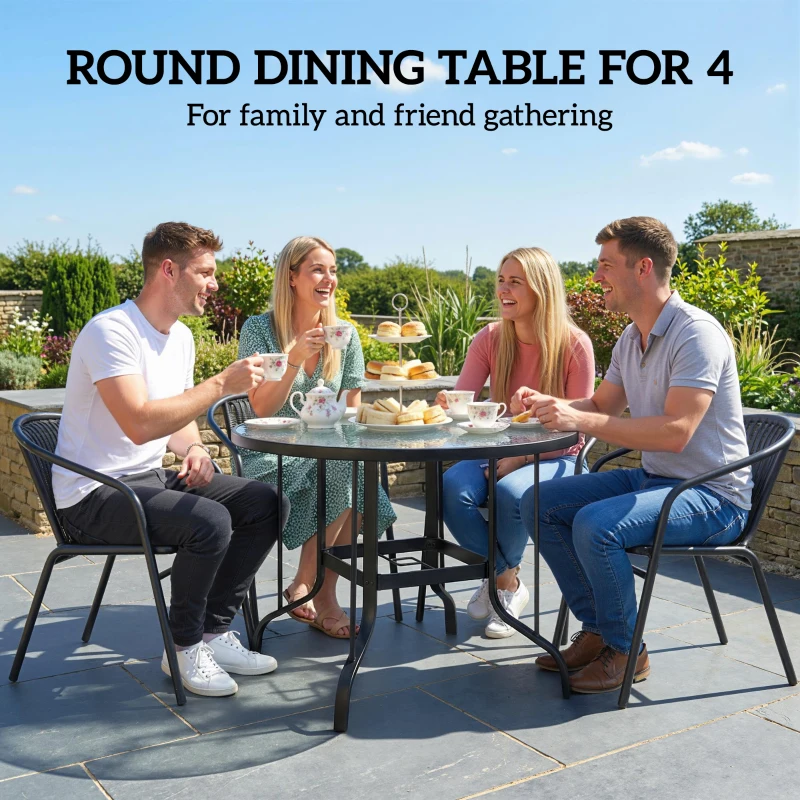 Outsunny 38" Round Patio Table with Umbrella Hole, Tempered Glass Outdoor Dining Table, Black
