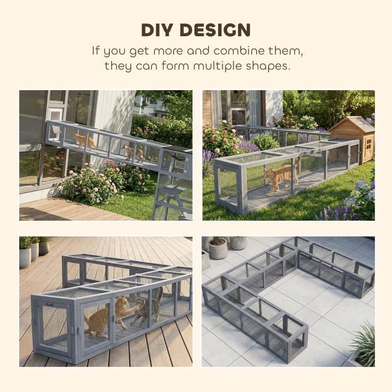 PawHut 79" Long Cat Tunnel, Cat shelter L- Shape with Extendable Design for Indoor/Outdoor Use with Removable Door, Light Grey