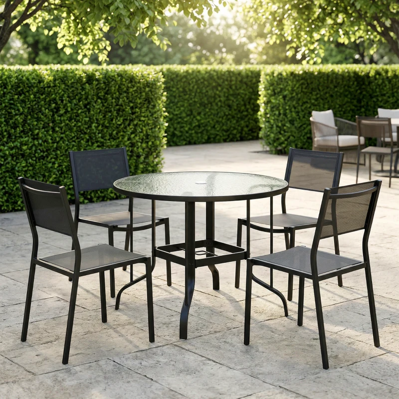 Outsunny 38" Round Patio Table with Umbrella Hole, Tempered Glass Outdoor Dining Table, Black