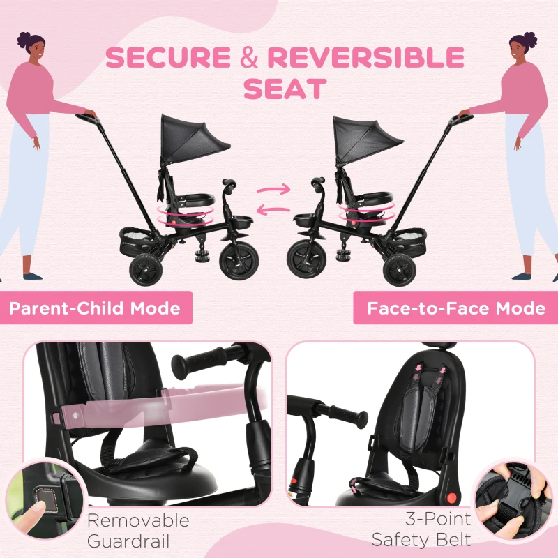 Qaba Kids Tricycle, 4 in 1 Foldable Trike with Reversible Seat, Adjustable Parent Handle, Safety Harness, Wheel Brakes, Removable Canopy, Storage, Tricycle for Toddlers 1-5 Years, Black