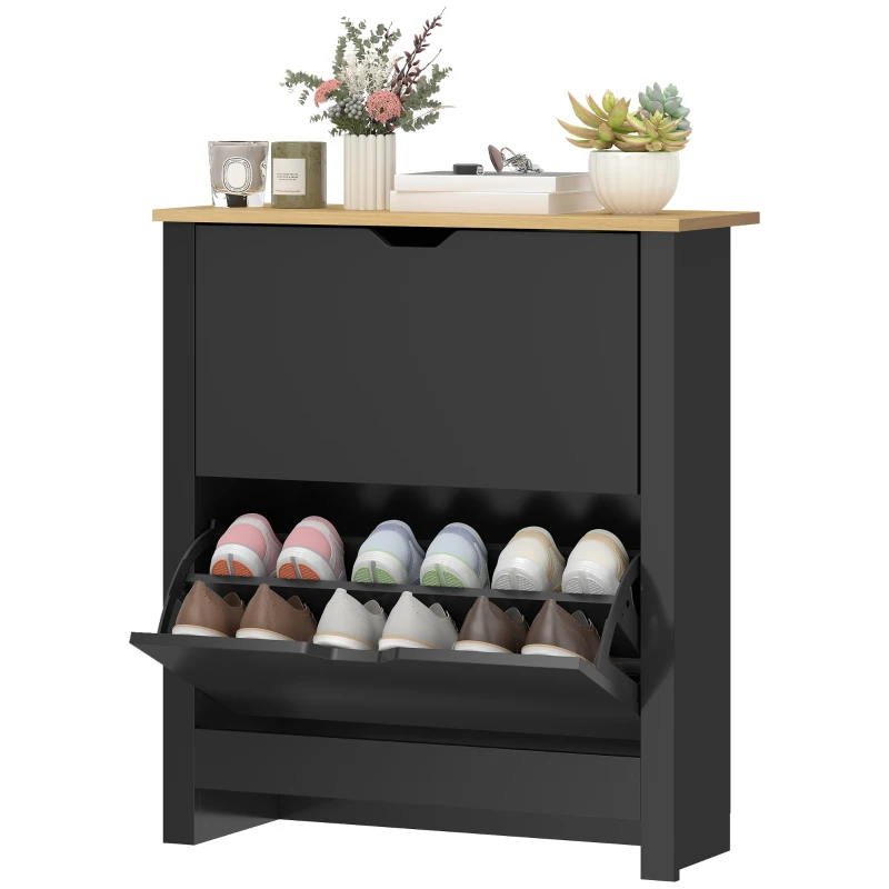 HOMCOM Shoe Storage Cabinet with 2 Flip Drawers and Adjustable Shelves for 8–12 Pairs of Shoes, Black