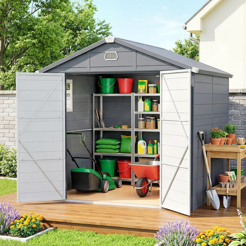 Outsunny 8' x 6' Plastic Garden Storage Shed with Latch Door, Vents, Sloped Roof, Dark Grey