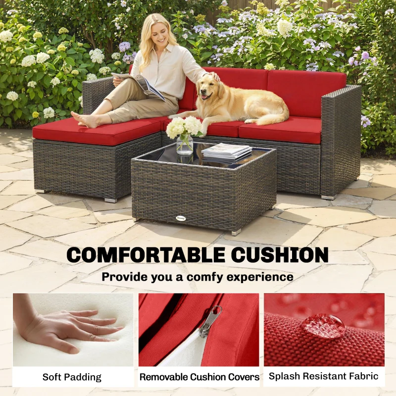 Outsunny 3 Pieces Patio Furniture Set with Cushions, Outdoor PE Rattan Wicker Conversation Corner Sofa Set with Glass Top Table