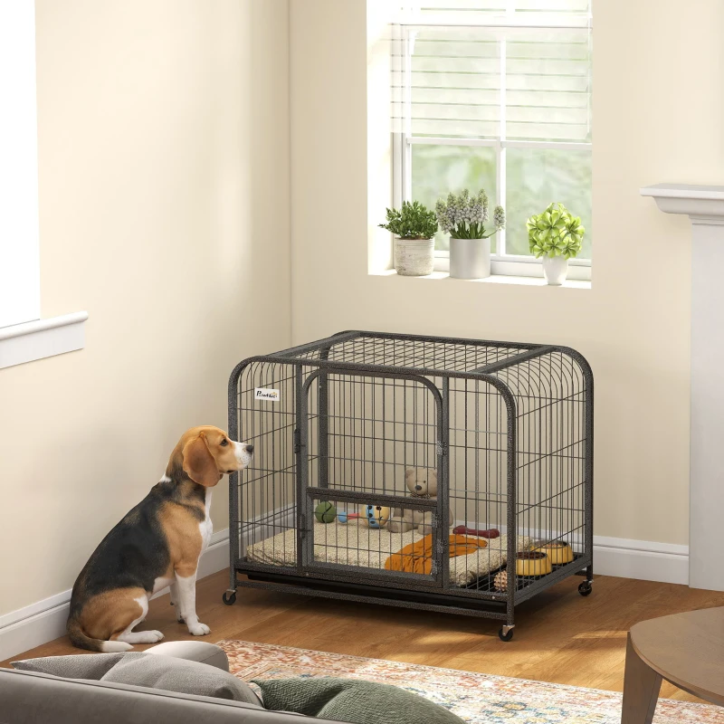 PawHut 37 Inch Heavy Duty Dog Crate, Large Metal Dog Cage with Lockable Wheels and Removable Tray