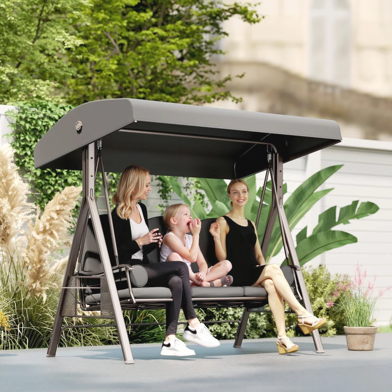 Outsunny Outdoor Patio 3-Person Steel Canopy Cushioned Seat Bench Swing with Included Side Trays & Padded Comfort, Dark Grey