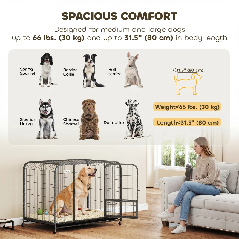 PawHut 43 Inch Heavy Duty Dog Crate, Extra Large Metal Dog Cage with Lockable Wheels and Removable Tray