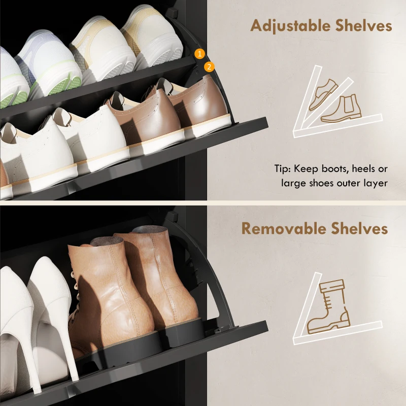 HOMCOM Shoe Storage Cabinet with 2 Flip Drawers and Adjustable Shelves for 8–12 Pairs of Shoes, Black