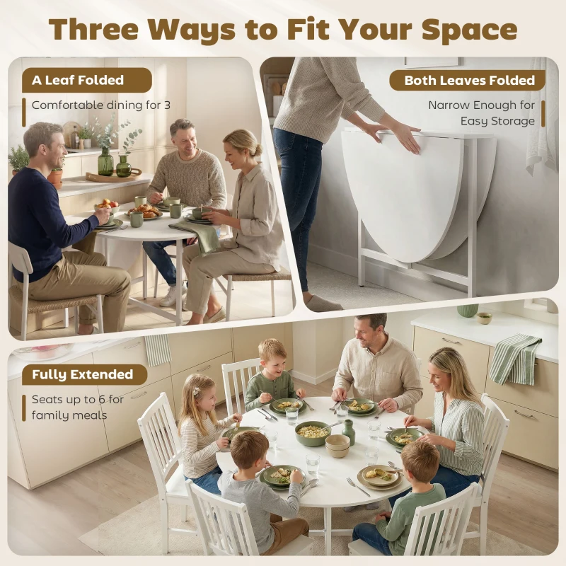 HOMCOM Folding Dining Table for 3-6 People, 47" Round Drop Leaf Kitchen Table with Steel Frame, White