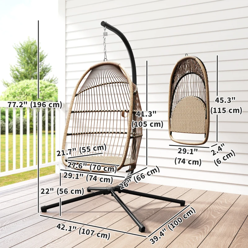 Outsunny Wicker Egg Swing Chair with Stand, Foldable Hanging Egg Chair with UV Resistant Cushion, Headrest, Beige